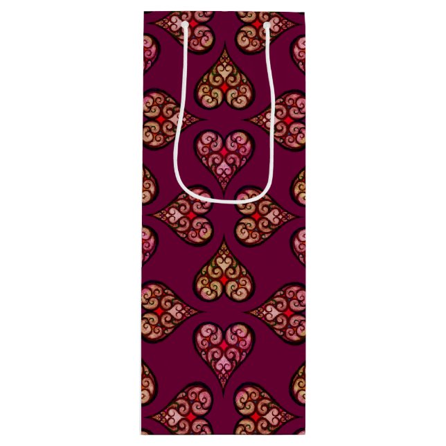 Boho Damask Heart Pattern Elegant Feminine Chic Wine Gift Bag (Front)