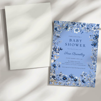 Boho Dark and Dusty Blue Wildflowers Baby Shower Invitation