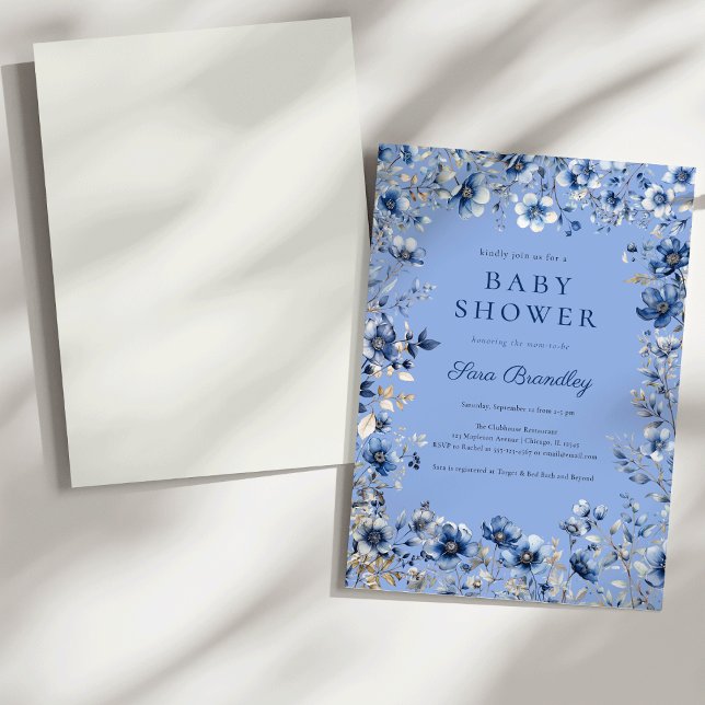Boho Dark and Dusty Blue Wildflowers Baby Shower Invitation (Boho Dark and dusty blue crisp white wildflowers Baby shower Invitation)