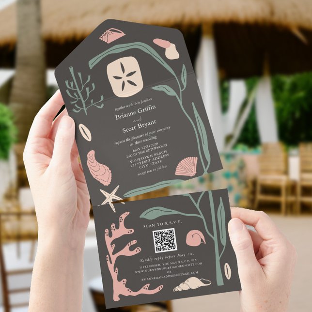 Boho Dark Beach Seashell Wedding QR RSVP All In One Invitation (Creator Uploaded)
