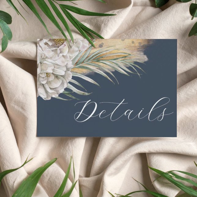 Boho Dark Blue Pampas Grass Wedding Details Enclosure Card (Creator Uploaded)