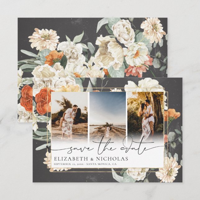 Boho Dark Floral | 3 Photo Wedding Save The Date (Front/Back)