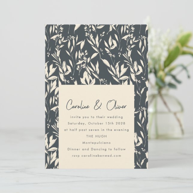 Boho Dark Moody Black Botanical Sketch Wedding Invitation (Standing Front)