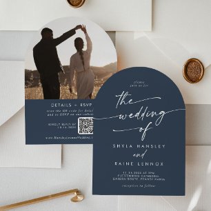 Boho Dark Navy Blue Photo QR Code Arch Wedding Invitation