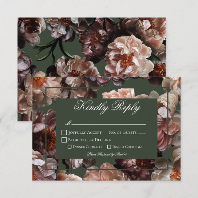 Boho Dark Peony Flowers Modern Wedding RSVP Card (Front/Back)
