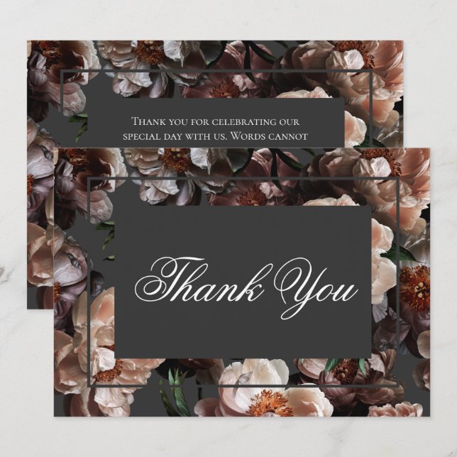Boho Dark Peony Flowers Modern Wedding Thank You Card (Front/Back)