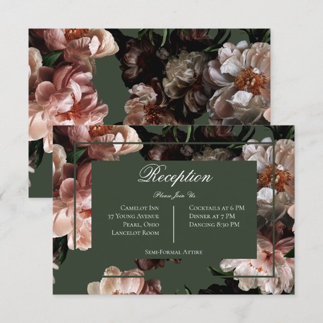 Boho Dark Peony Flowers Wedding Reception  Enclosure Card (Front/Back)
