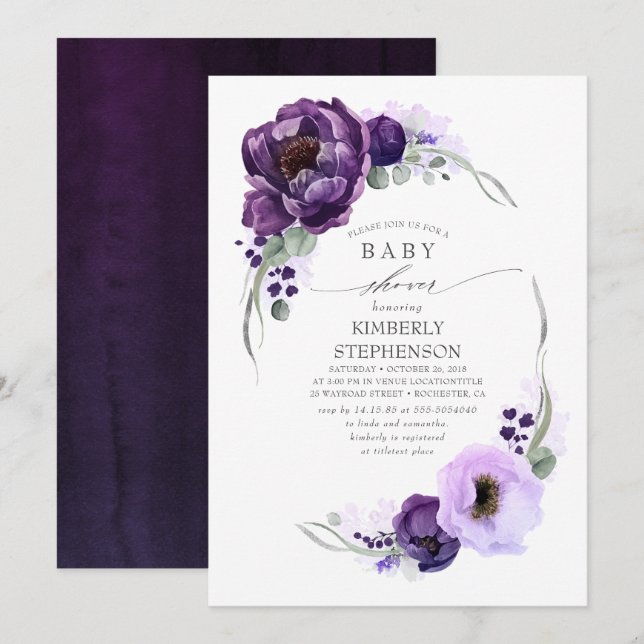 Boho Dark Purple Floral Royal Baby Shower Invitation (Front/Back)