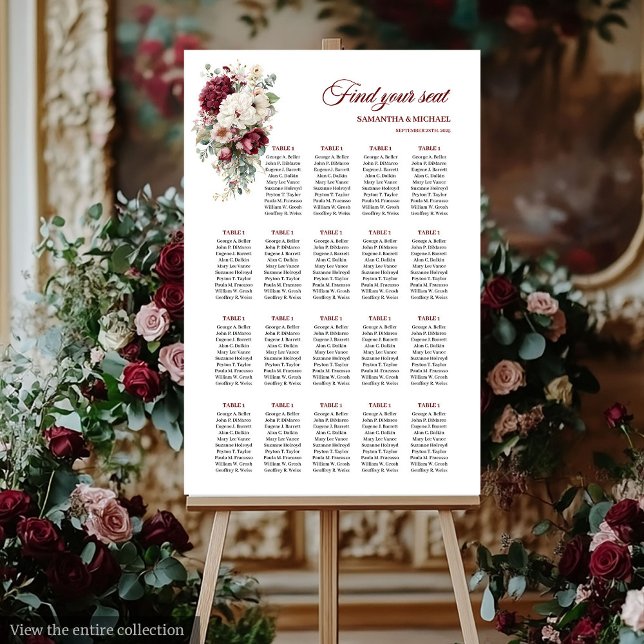 Boho dark red white gold floral seating chart  (Boho dark red white gold floral seating chart board

)