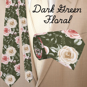 Boho Dark Sage Green Blush Cream Floral Neck Tie