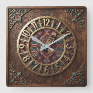Boho Dark Wood & Ethnic  Turquoise Gemstone  Square Wall Clock