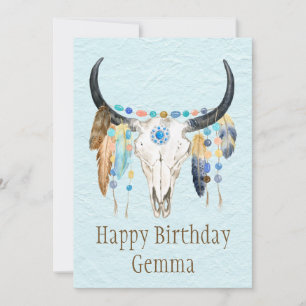 Boho Decorated Cow Skull Birthday Greeting Card