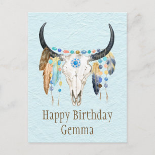 Boho Decorated Cow Skull Birthday  Postcard