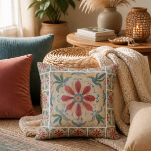 Boho Decorative Tile (Floral) Throw Pillow