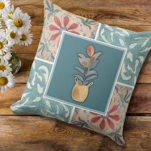 Boho Decorative Tile & Floral Throw Pillow