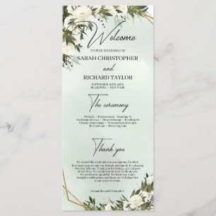 Boho deep green foliage white roses gold frame programme