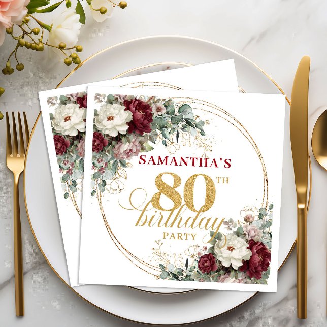 Boho Deep Red Floral 80th Birthday Napkins (Boho Deep Red Floral 80th Birthday Napkins)