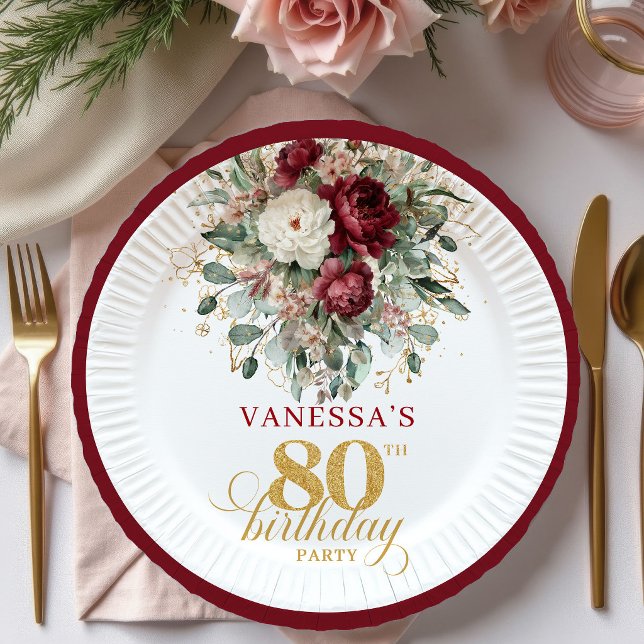 Boho Deep Red Floral Gold 80th Birthday Paper   Plate (Boho Deep Red Floral Gold 80th Birthday Paper Plates)