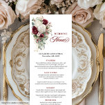 Boho deep red white gold floral wedding menu card<br><div class="desc">✅ For matching items search 208W in my collections ✅ Complete your reception tablescape with this boho wedding menu, featuring watercolor burgundy and white roses with shimmering gold leaves. Designed in a sophisticated palette of burgundy, marsala, maroon, deep red, dark red, crisp white, and metallic gold, this menu combines boho...</div>