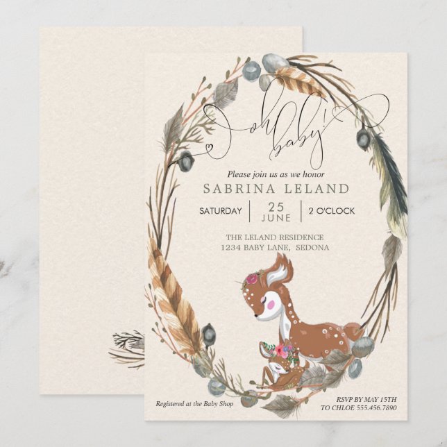 BOHO Deer and Fawn Baby Shower Invitation (Front/Back)