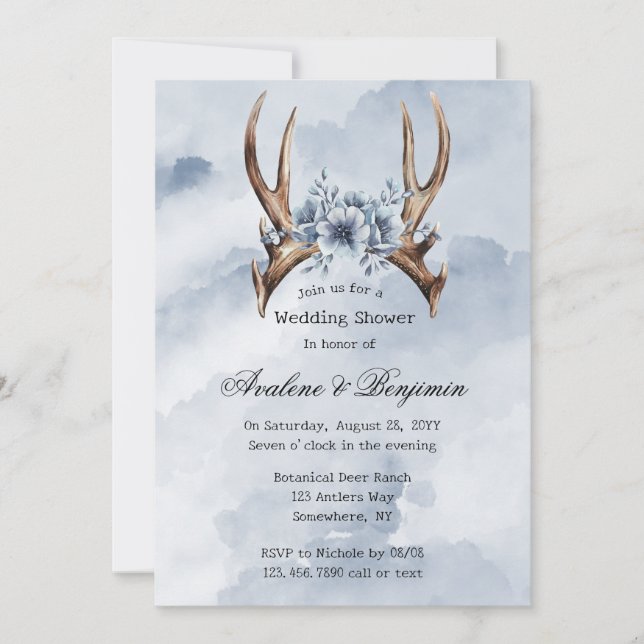 Boho Deer Antler Blue Floral Wedding Couple Shower Invitation (Front)