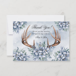 Boho Deer Antler Dusty Blue Floral Thank You Card