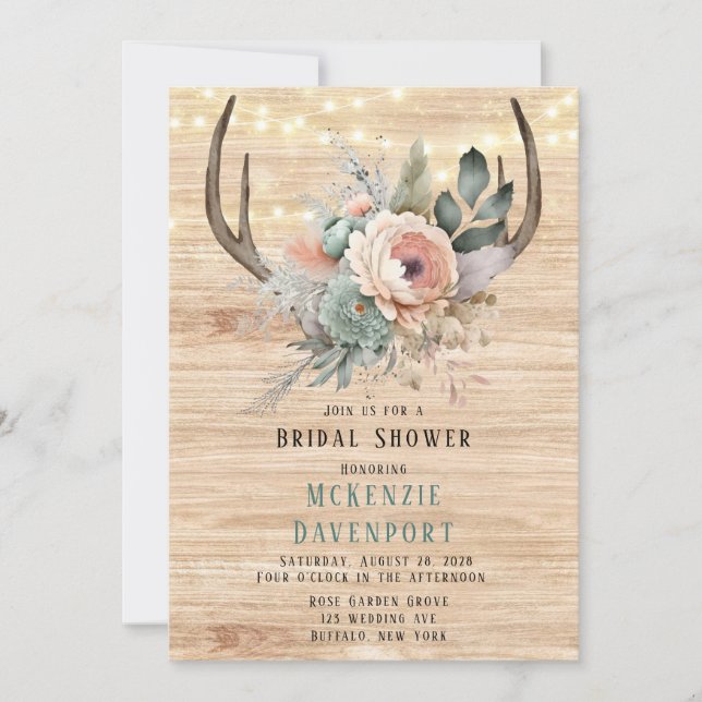 Boho Deer Antler Floral Bridal Shower Invitation (Front)