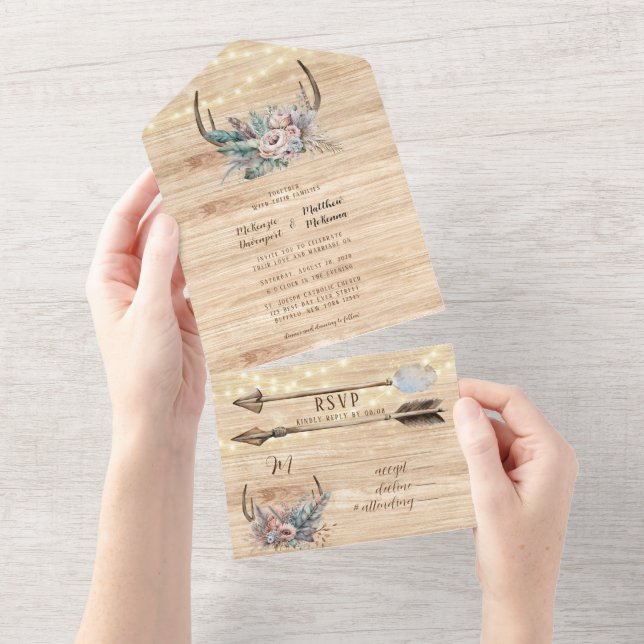 Boho Deer Antler Floral Wedding All In One Invitation (Tearaway)