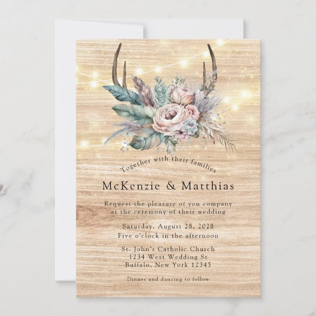 Boho Deer Antler Floral Wedding Invitation (Front)