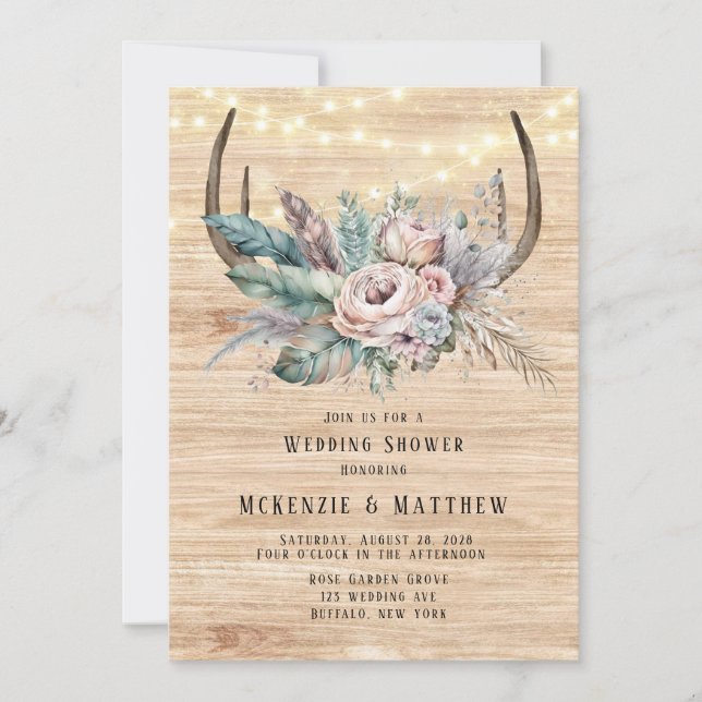 Boho Deer Antler Floral Wedding Shower Invitation (Front)