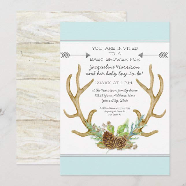 BOHO Deer Antler Pine Cones Ferns Baby Boy Shower Invitation (Front/Back)