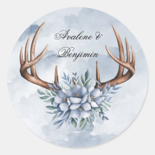 Boho Deer Antler with Blue Florals Wedding Classic Round Sticker