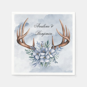 Boho Deer Antler with Blue Florals Wedding Napkin