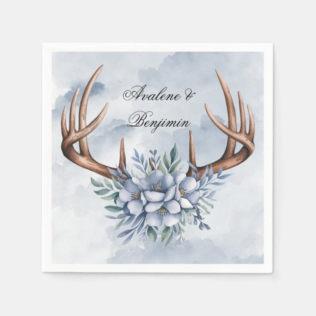 Boho Deer Antler with Blue Florals Wedding Napkin (Front)