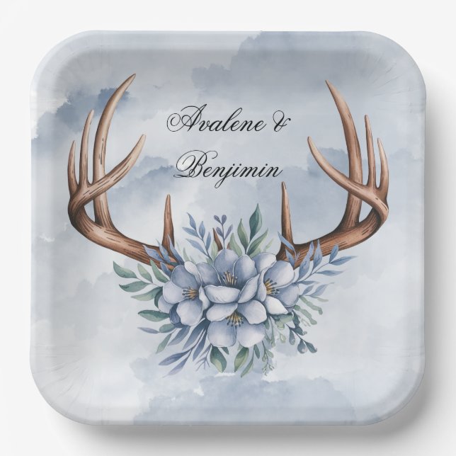 Boho Deer Antler with Blue Florals Wedding Paper Plate (Front)
