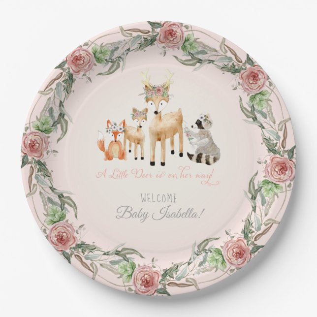 BOHO Deer Antler Woodland Animals Baby Girl Paper Plate (Front)