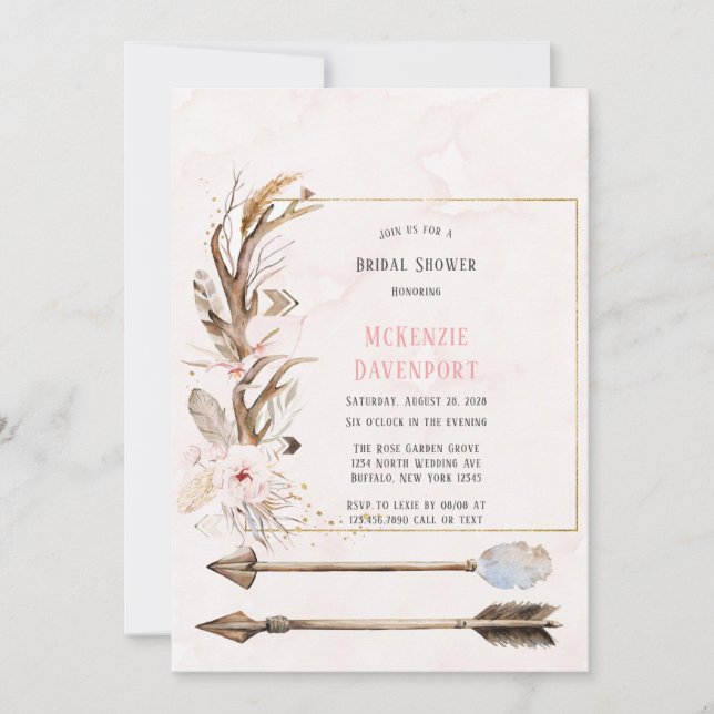 Boho Deer Antlers and Florals Arrows Bridal Shower Invitation (Front)