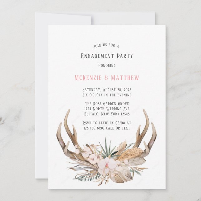 Boho Deer Antlers and Florals Engagement Party Invitation (Front)