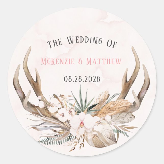 Boho Deer Antlers and Florals Wedding Classic Round Sticker (Front)