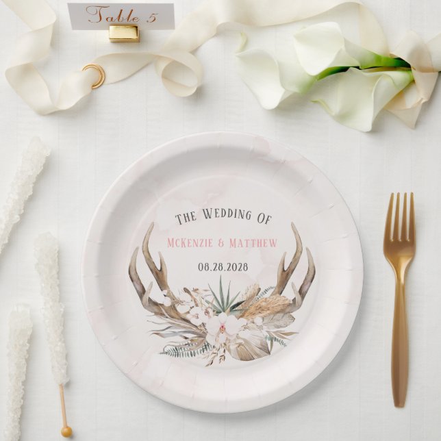 Boho Deer Antlers and Florals Wedding Paper Plates (Wedding)