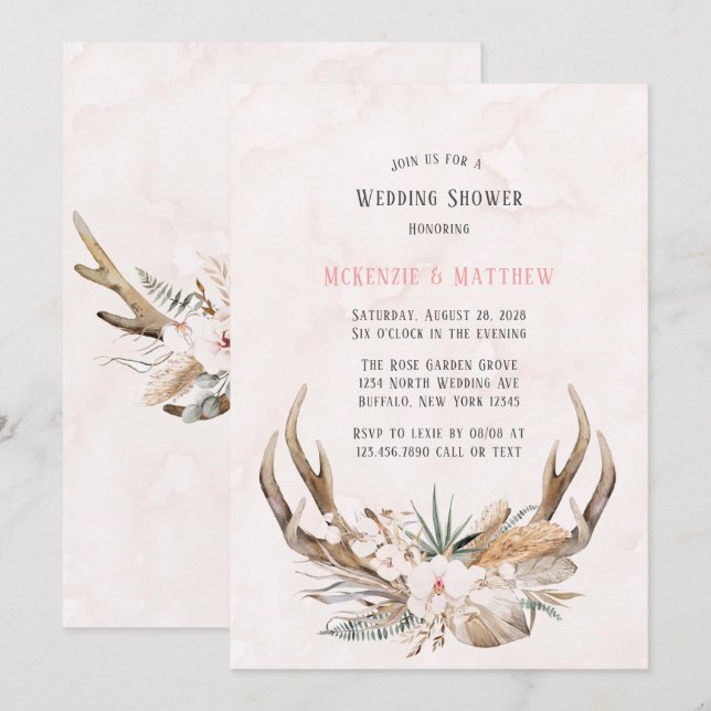 Boho Deer Antlers and Florals Wedding Shower Invitation (Front/Back)