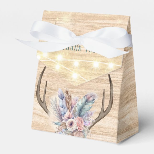 Boho Deer Antlers and Florals Wood Wedding Favour Box (Front Side)