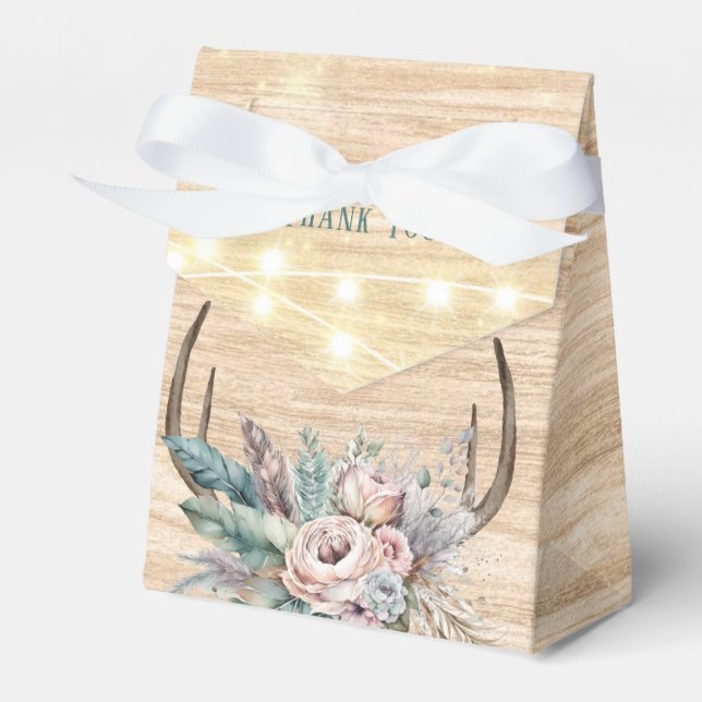 Boho Deer Antlers and Florals Wood Wedding Favour Box (Front Side)