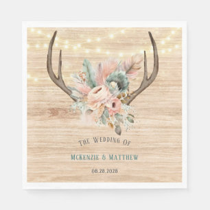 Boho Deer Antlers and Florals Wood Wedding Napkin