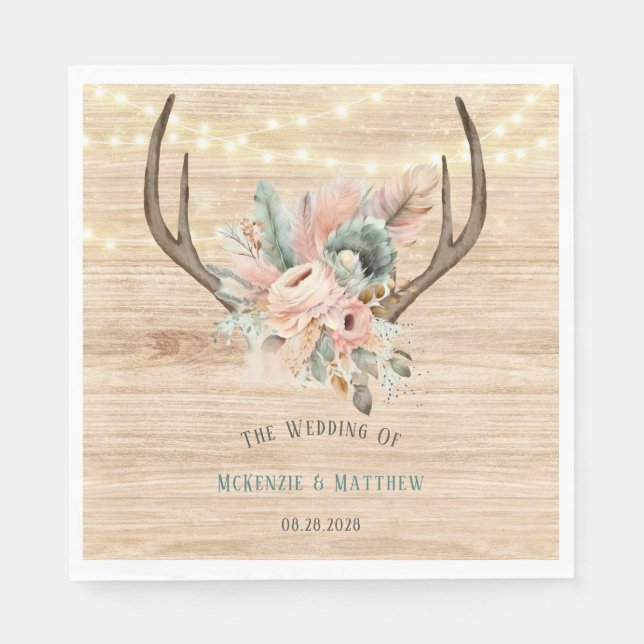 Boho Deer Antlers and Florals Wood Wedding Napkin (Front)