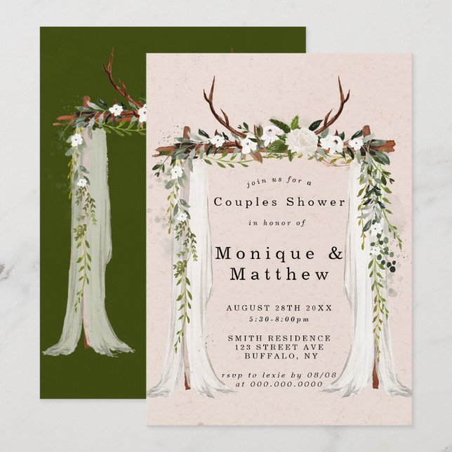 Boho Deer Antlers Canopy Couples Shower Invitation (Front/Back)