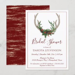 Boho Deer Antlers   Rustic Christmas Bridal Shower Invitation
