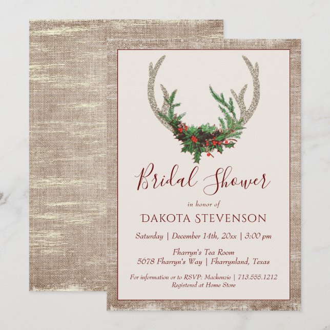 Boho Deer Antlers | Rustic Christmas Bridal Shower Invitation (Front/Back)