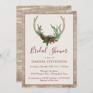 Boho Deer Antlers Rustic Christmas Bridal Shower Invitation