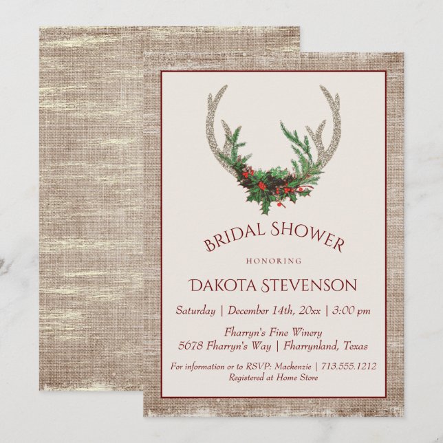 Boho Deer Antlers | Rustic Christmas Bridal Shower Invitation (Front/Back)